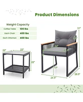 3 Pcs Outdoor Conversation Set with 2-Layer Side Table Acacia Wood Armrests