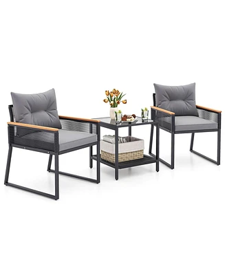3 Pcs Outdoor Conversation Set with 2-Layer Side Table Acacia Wood Armrests