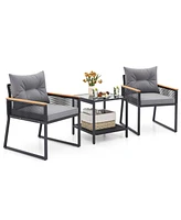 3 Pcs Outdoor Conversation Set with 2-Layer Side Table Acacia Wood Armrests