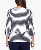 Alfred Dunner Women's Block Island Striped Top with Embroidered Neckline