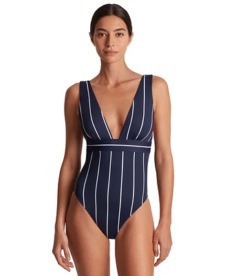 Lauren Ralph Lauren Women's Striped V-Neck One-Piece Swimsuit