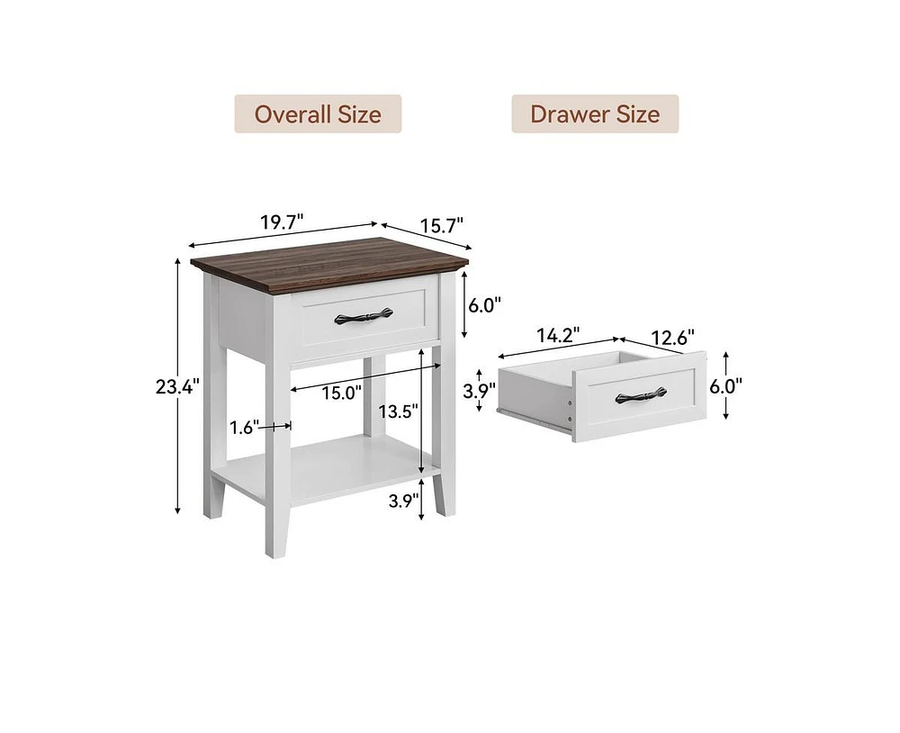 gaomon Nightstand, 2 Tiers Storage Shelves Bedside Table with Drawer & Handle, End Table for Bedroom Living Room, Easy Assembly, White