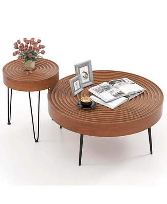 Farmhouse Round CoffeeTable Set of 2 End Table Natural Finish for Living Room