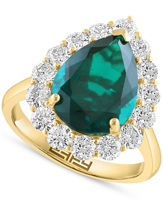 Effy Pear-Shape Lab Grown Emerald (4-1/5 ct. t.w.) & Diamond (1-1/3 Halo Ring 14k Yellow Gold (Also lab-grown Sapphire)