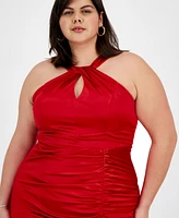 Emerald Sundae Plus Sateen Shirred Halter Gown, Created for Macy's