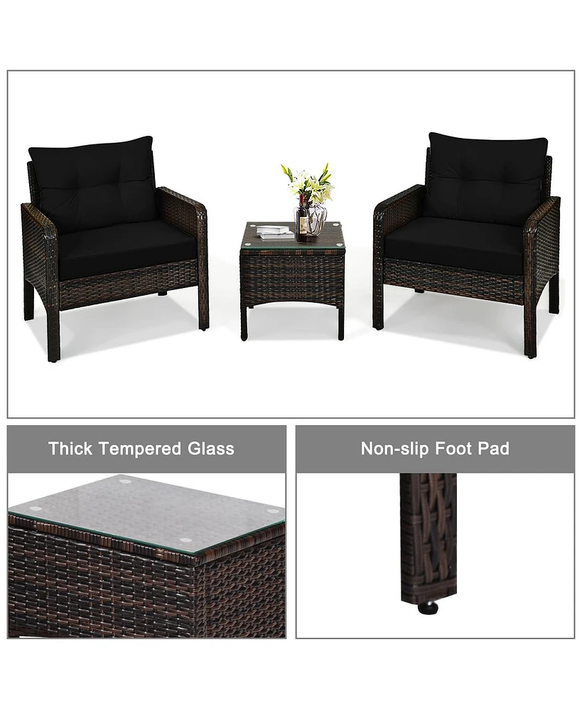 Sugift 3 Pcs Outdoor Patio Rattan Conversation Set with Seat Cushions-Black