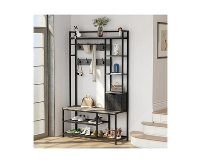 gaomon 5-in-1 Coat Rack, Hall Tree with Bench and Shoe Storage, Freestanding Entryway Bench with 5-Tier Open Shelves, Fabric Storage Basket and 12 Hoo