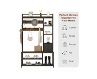 gaomon 5-in-1 Coat Rack, Hall Tree with Bench and Shoe Storage, Freestanding Entryway Bench with 5-Tier Open Shelves, Fabric Storage Basket and 12 Hoo