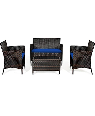 Sugift 4 Pieces Rattan Sofa Set with Glass Table and Comfortable Wicker for Outdoor Patio-Navy