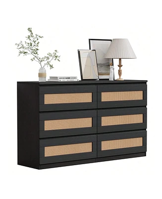 Rattan Dresser For Bedroom, 6 Drawer Dresser For Bedroom, Modern Wide Chest Of Drawers With Anti-Tip Kit