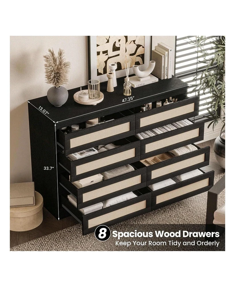 gaomon 8 Drawer Double Dresser For Bedroom, Rattan Chest Of Dressers, Modern Wooden Dresser Chest