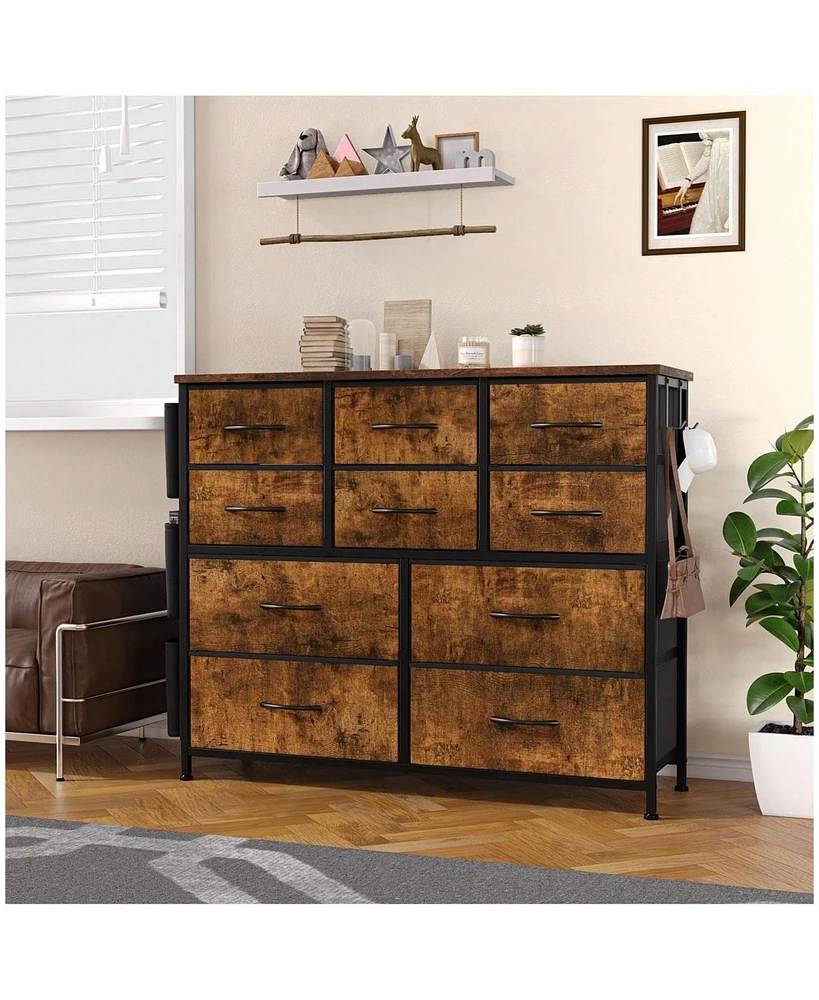 Dresser For Bedroom, 10 Drawers Fabric Storage Drawer, Dressers & Chest Of Drawers With Side Pockets, Hooks, Wood Tabletop For Closet, Living Room, Ha