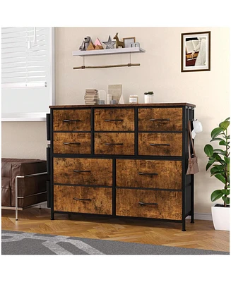 Dresser For Bedroom, 10 Drawers Fabric Storage Drawer, Dressers & Chest Of Drawers With Side Pockets, Hooks, Wood Tabletop For Closet, Living Room, Ha