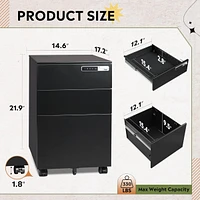 3-Drawer Mobile File Cabinet with Smart Lock, Pre-Assembled Steel Pedestal Under Desk, Black