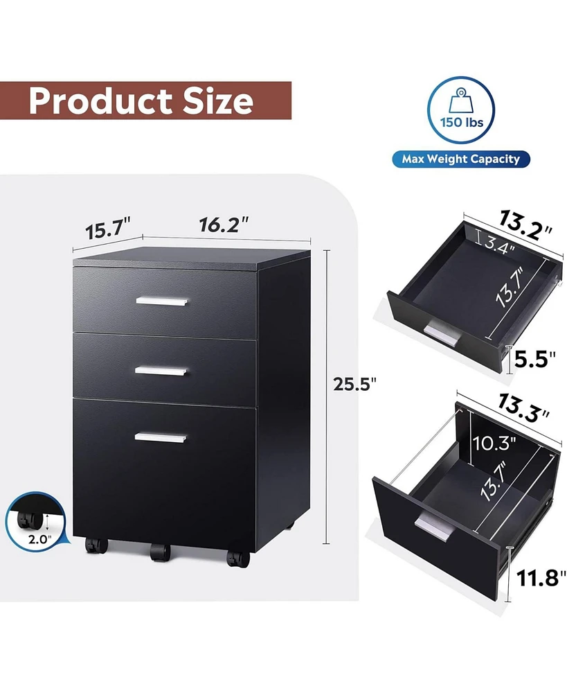 3 Drawer Wood Mobile File Cabinet Rolling Filing Cabinet for Letter/A4 Size