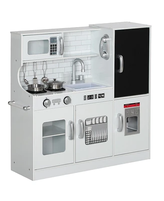 Qaba Play Kitchen, Kids Kitchen Playset w/ Play Phone & Chalkboard,
