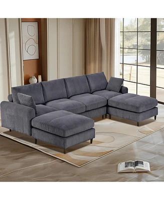 Modern corduroy modular section sofa, U-shaped convertible L-shaped sofa set with pillow, oversized sectional sofa with footstool