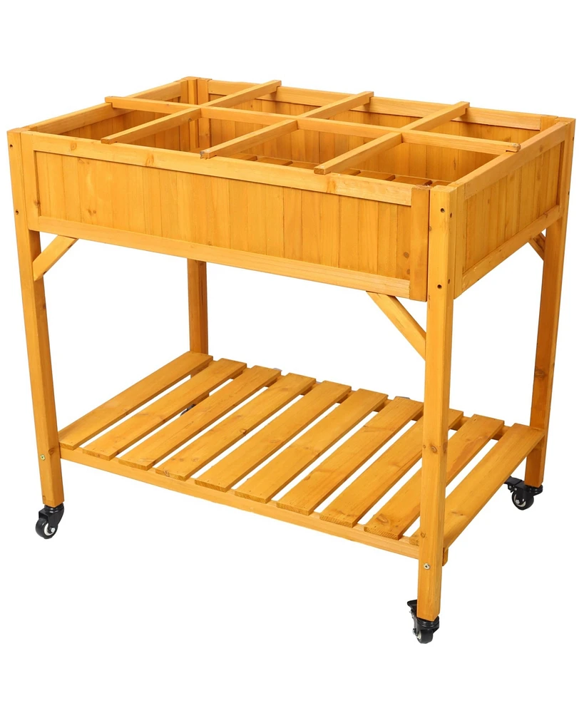 Elevated 8 Pocket Herb Garden Bed, Mobile Raised Customizable Wood Planter for Herbs, Vegetables, Flowers w/ Lockable Wheels, Storage Shelf, Drainage