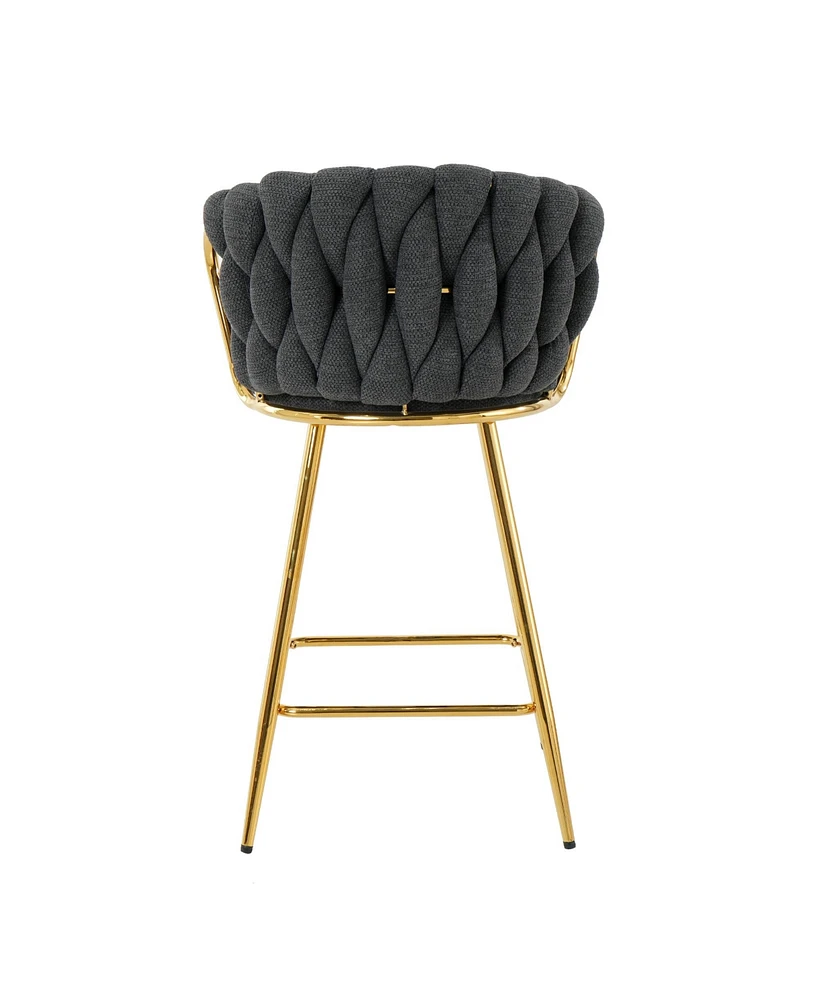 Modern design High stool Gold Plated legs Kitchen Dining Dark grey linen bar chair, suitable for Cafe Bar Restaurant (set of 2)