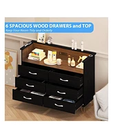 Dresser For Bedroom With Led Light & Charging Station, 6 Wooden Drawers Dressers 2-Tier Open Shelves, Modern Chest Of Double Wide Liv