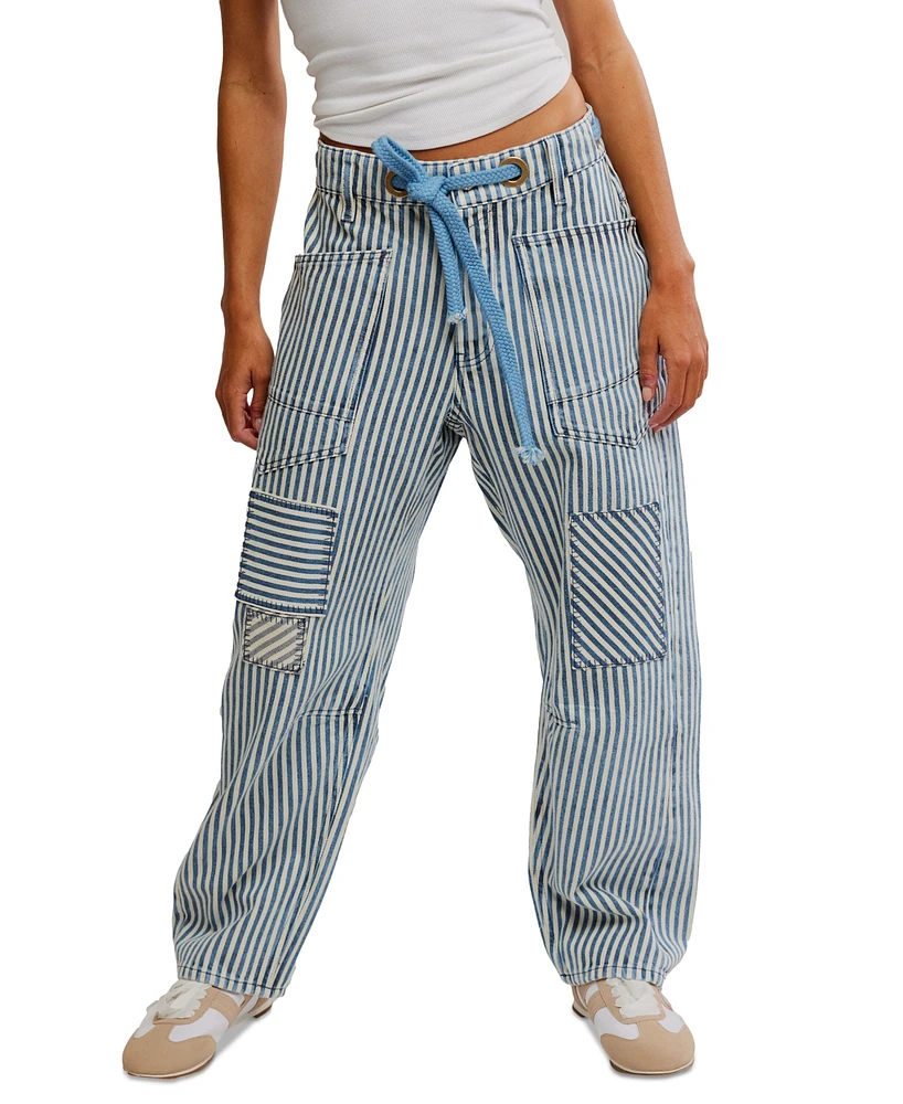 Free People Women's Cotton Moxie Railroad-Stripe Patchwork Jeans