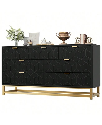 Dresser For Bedroom, Large 6/7 Drawer Dresser Organizer With Golden Metal Handle And Legs, Modern Chest Of Drawers, Large Dresser For Closet, Hallway,