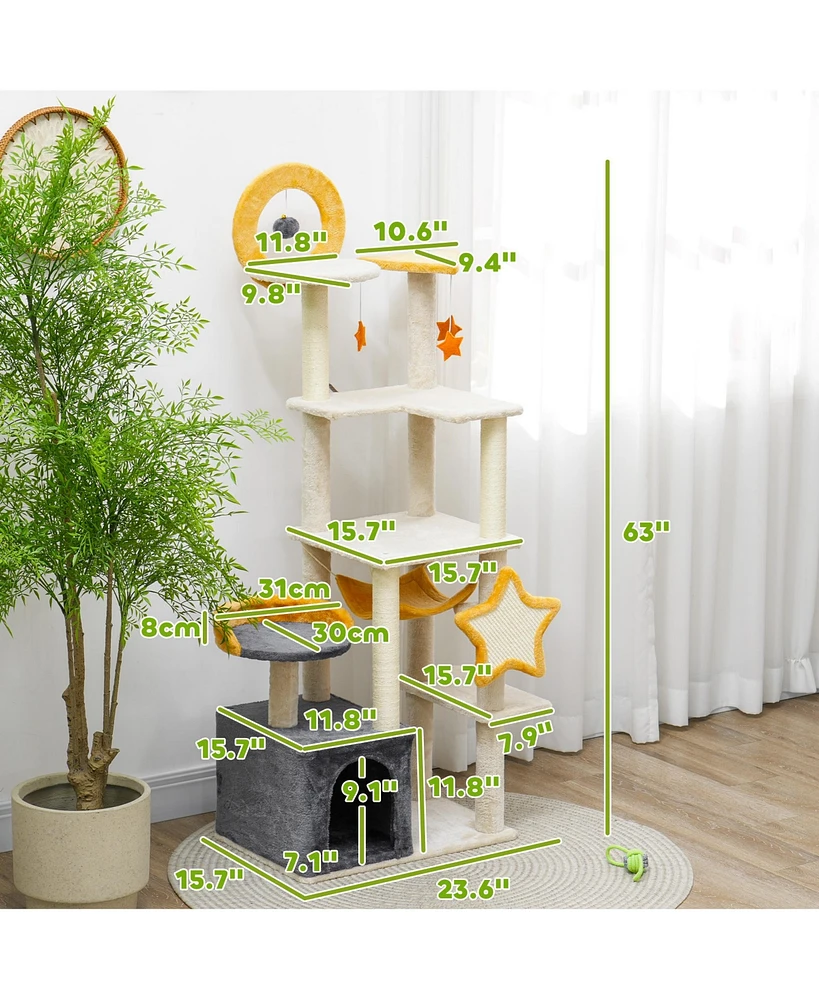 PawHut Cat Tree, 63 Inch Moon and Star Themed Cat Tower,