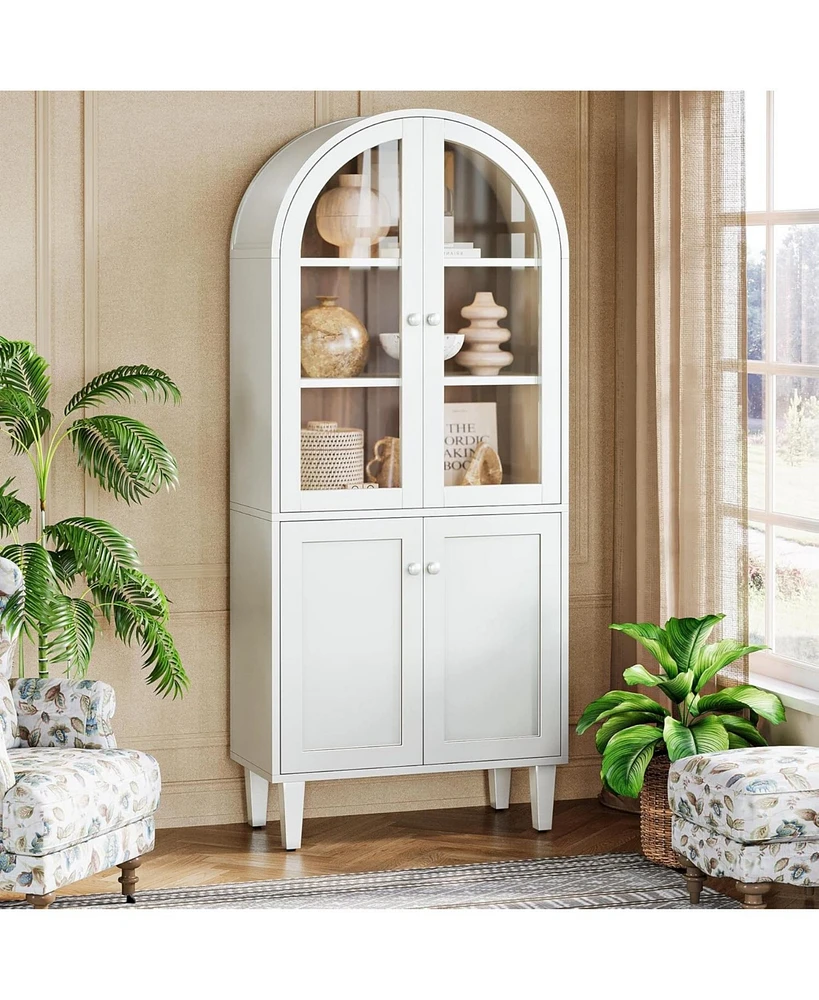 Tribesigns 68" Tall Arched Storage Cabinet Set of 2, White Farmhouse 5-Tier Display Bookcase, Kitchen Pantry Hutch Cabinet with Doors and Adjustable S