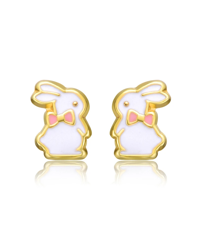 GiGiGirl Sterling Silver 14K Gold Plated White Enamel & Pink Bow Tie Bunny Rabbit Stud Earrings