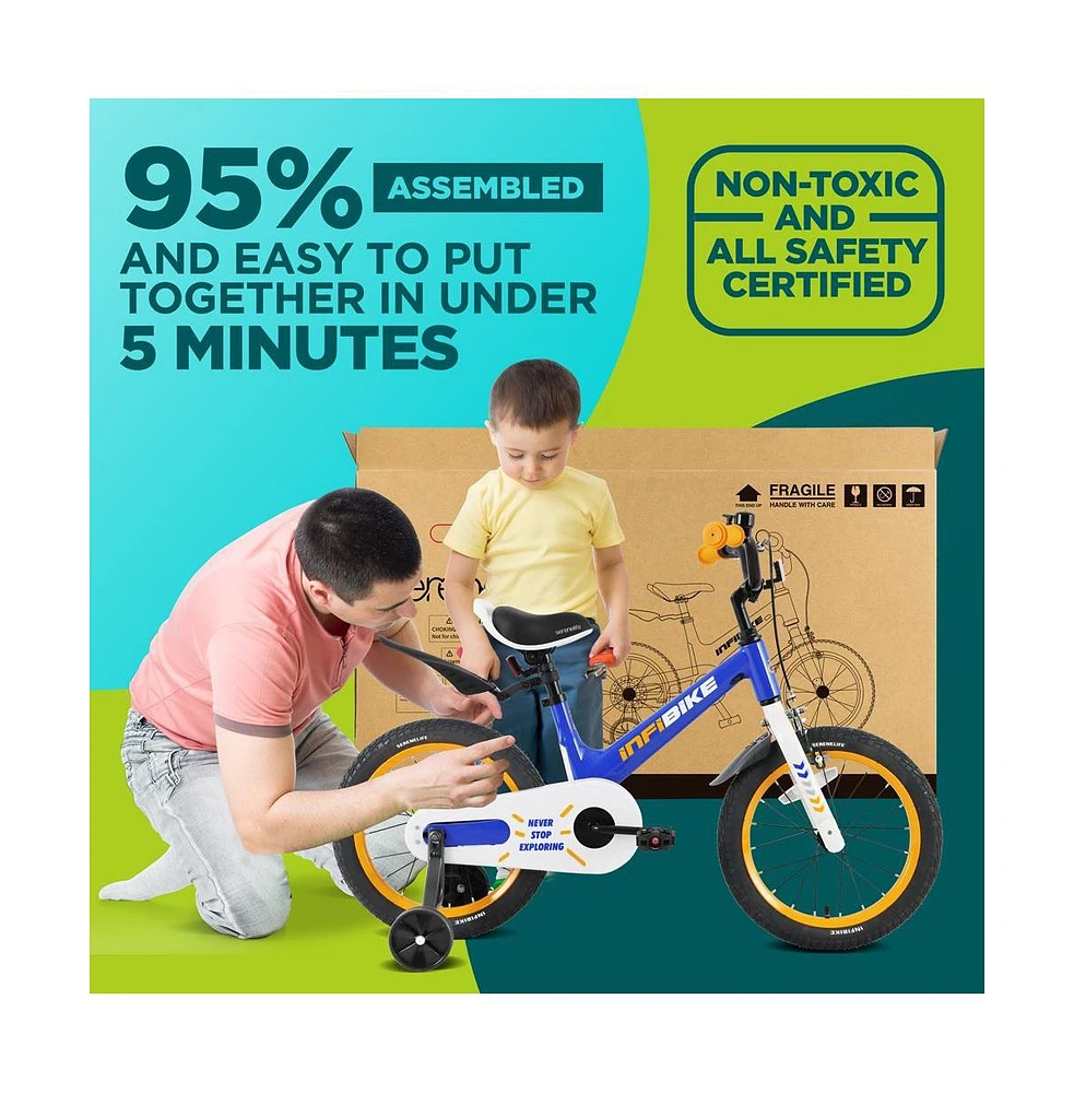 SereneLife 16" Kid's Bicycle with Dual Brakes, Training Wheels & Kickstand, Blue