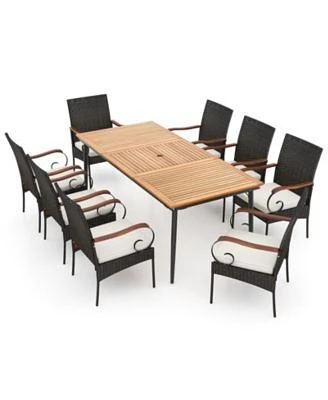 Outdoor Acacia Wood Dining Table 8 Rattan Woven Dining Chairs