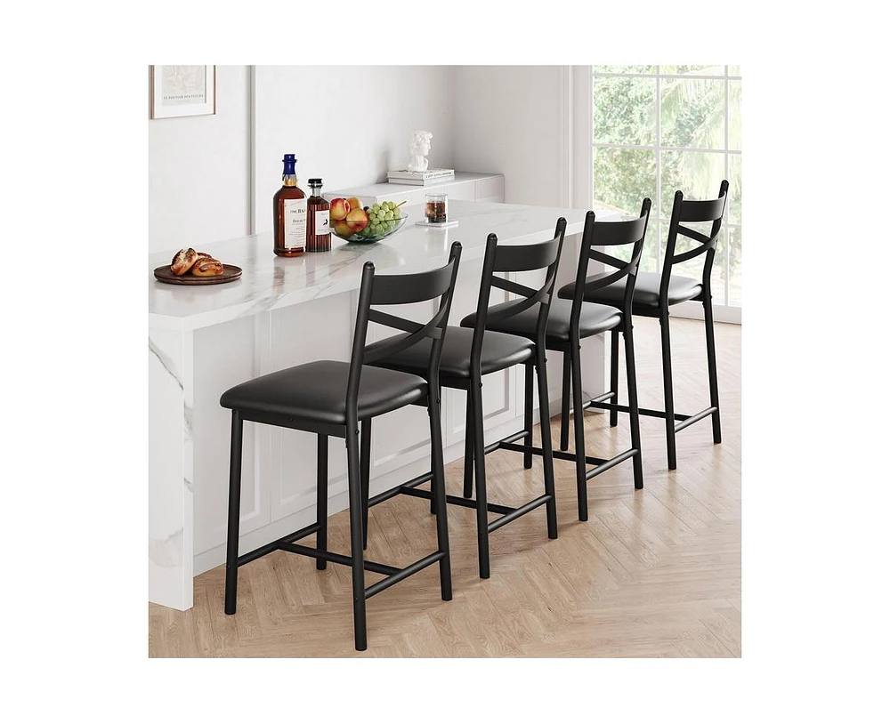 Bar Stools Set of 4, Black Bar Stools Set of 4 with X-Shaped Backrest and Metal Footrest, Metal Bar Stools Set of 4