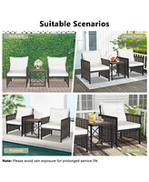 3 Pieces Patio Rattan Furniture Set with Acacia Wood Tabletop