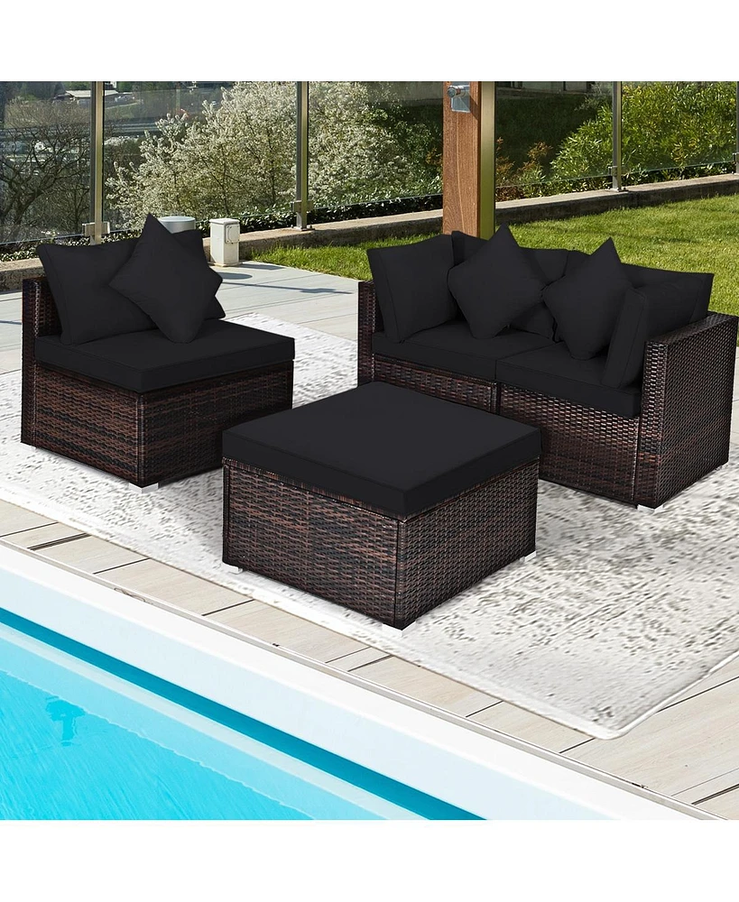 4 Pieces Ottoman Garden Patio Rattan Wicker Furniture Set with Cushion