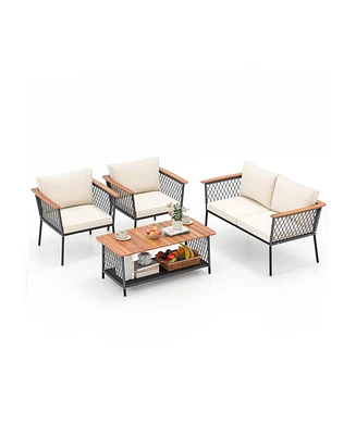 4 Piece Patio Rattan Furniture Set with 2-Tier Table