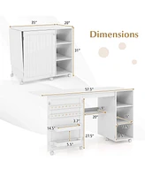 Folding Sewing Table with Storage Shelves 2 Storage Bins & 18 Pegs Lockable Casters