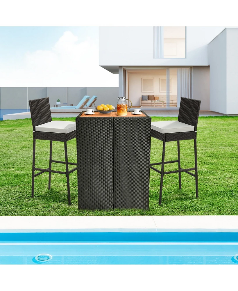 2 Pcs Patio Wicker Barstools Bar Height Chairs W/ Cushions Backyard