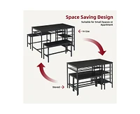 gaomon Dining Table Set for 4, Kitchen Table Set for 4 with 2 Benches, Rectangular Dining Room Table Set with Wine Rack & Storage Shelves, 3 Piece Din