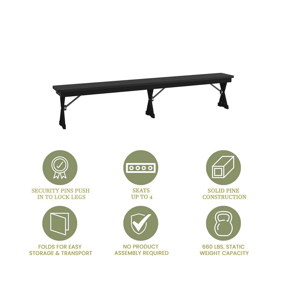 Merrick Lane Tinsley 8' X 12" Solid Pine Folding Farmhouse Style Bench, Rustic Pinewood Folding Dining Bench With Locking X-Legs