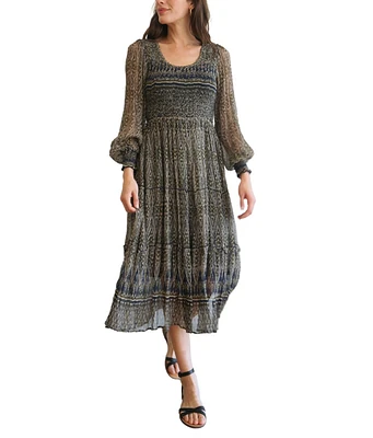Paneros Clothing Women's Stella Smocked Midi Dress in Navy and Olive Ikat Print