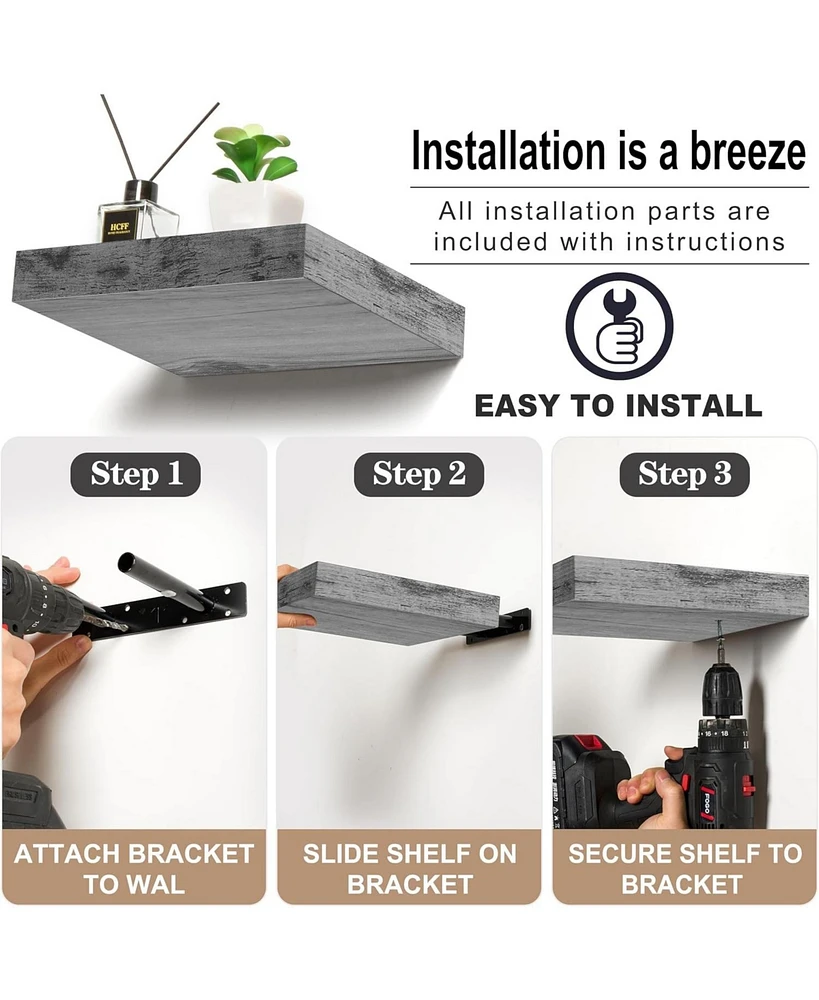 Sorbus Set of 3 (9") Square Floating Shelf with Invisible Mounting Brackets for Living Room Decor, Bedroom, Bathroom Decor, Kitchen (Rustic Gray
