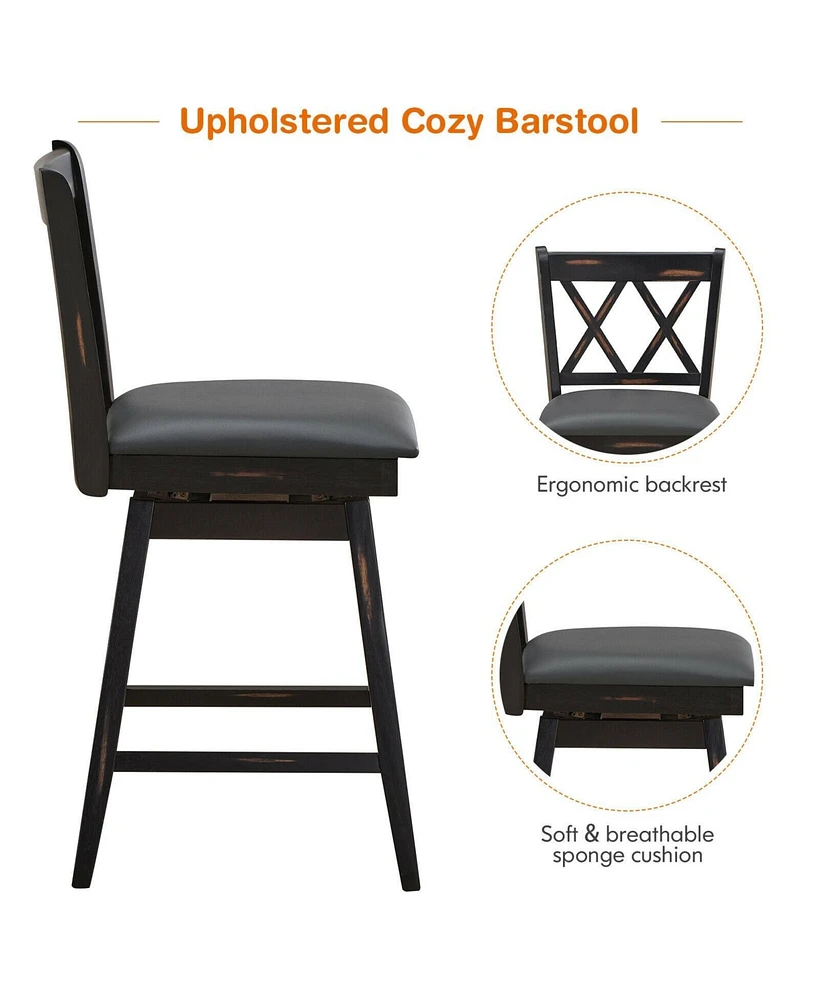 Gouun 2 Pieces 24 Inch Swivel Counter Height Barstool Set with Rubber Wood Legs