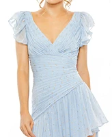 Women's Asymmetrical Ruched Gown With Flutter Sleeves