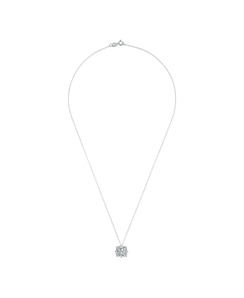 Sterling Silver White Gold Plated Cubic Zirconia Snowflake Cluster Pendant Necklace