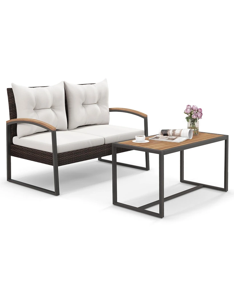 2 Pieces Patio Pe Wicker Furniture Set with Acacia Wood Table