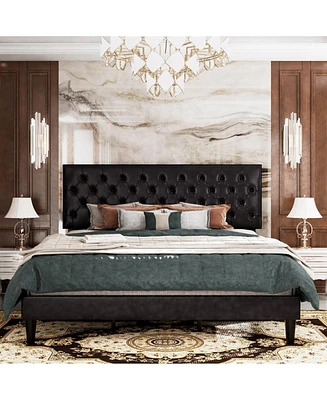 Upholstered Faux Leather Platform Bed – Tufted Headboard, Sturdy Slats, and Contemporary Low Profile Frame