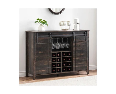 gaomon Wine Bar Cabinet,47" Farmhouse Coffee Bar Cabinet with Sliding Barn Door, Buffet Sideboard Cabinet with 16 Bottle Wine Rack for Dining, Living