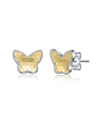 Two-Tone Milgrain Medallion Butterfly Stud Earrings in White Gold Plated or 14K Gold Plated