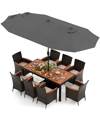 11 Pcs Patio Dining Set with 15ft Double-Sided Patio Umbrella (Base Included)