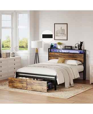 Metal Bed Frame with 2 Storage Drawers and Led Rgb Led light